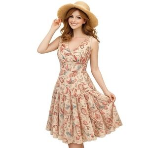 VTG Y2K Dress Barn Sz 12 Babydoll Dress Drop Waist Cream Paisley Fairy Boho